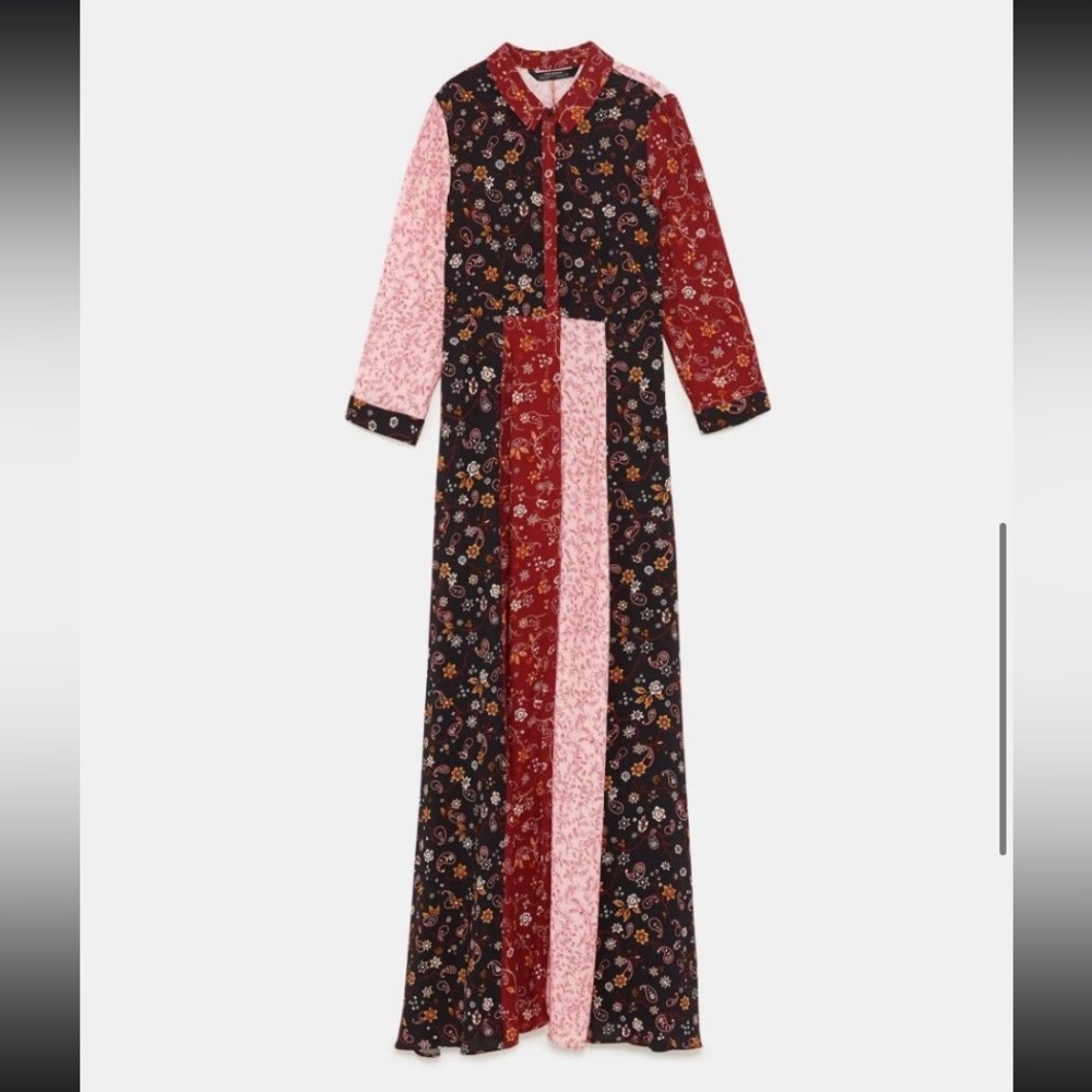Zara Floral Patchwork Button Down Maxi Dress